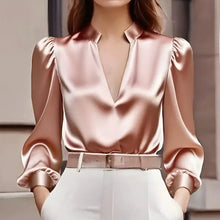 Load image into Gallery viewer, Women’s Satin V-Neck Long Sleeve Top – Slim Fit Solid Color Blouse