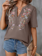 Load image into Gallery viewer, Women's Floral Embroidered Notched V-Neck T-Shirt – Short Sleeve Boho Lace Trim Top
