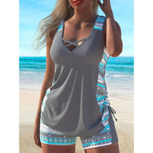 Load image into Gallery viewer, Plus Size Aztec Print Tankini Set – V-Neck Cross-Strap Top & Bike Shorts Two-Piece Swimsuit