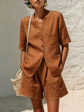 Load image into Gallery viewer, Women's Cotton-Linen Loose-Fit T-Shirt & Cropped Shorts Two-Piece Set