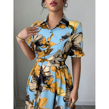 Load image into Gallery viewer, Women’s Printed Puff Sleeve Dress – Blouse Collar Cross-Tie Waist Style