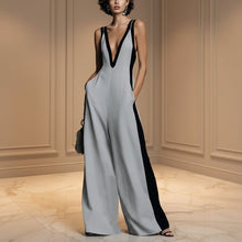 Load image into Gallery viewer, Women's Deep V-Neck Contrast Panel Wide-Leg Jumpsuit