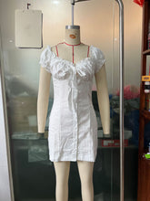 Load image into Gallery viewer, Women's Off-Shoulder Lace-Up Puff-Sleeve Single-Breasted Sheath Dress
