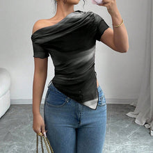 Load image into Gallery viewer, Women’s Tie-Dye One-Shoulder Mesh Ruched Top – Asymmetrical Stretch Tee for Going Out