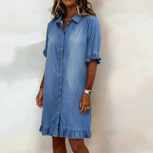 Load image into Gallery viewer, Women's Faux Denim Ruffle-Sleeve Shirt Dress