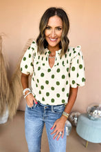 Load image into Gallery viewer, Black Polka Dot Print Smocked Notched Neck Balloon Sleeve Blouse