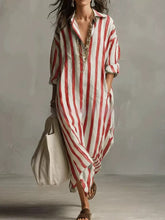 Load image into Gallery viewer, Striped Lapel Collar Dress – Side Slits & Pockets
