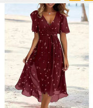 Load image into Gallery viewer, Floral Print A-Line Dress – V-Neck Short Sleeve Midi Dress