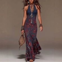 Load image into Gallery viewer, Women's Floral Print Halter Neck Deep V Lace Trim Mermaid Maxi Dress
