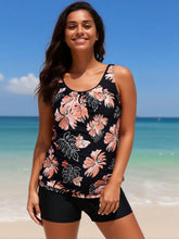 Load image into Gallery viewer, Tropical Floral Tankini & Boyleg Shorts Set – Women's Black Pink 2-Piece Swimsuit