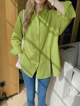 Load image into Gallery viewer, Women's Solid Color Drop Shoulder Button Side Slit Shirt
