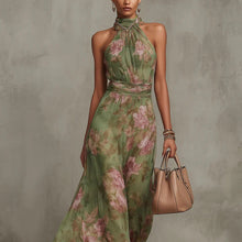 Load image into Gallery viewer, Green Graffiti Print Mesh Suspender Maxi Dress – High-Waist Irregular Slit Streetwear Dress