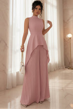 Load image into Gallery viewer, Women's Mock Neck Asymmetric Hi-Lo Peplum Top & Accordion Pleated Wide-Leg Palazzo Pants Set