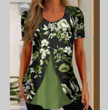 Load image into Gallery viewer, Women’s Printed Faux Two-Piece V-Neck Short Sleeve Top