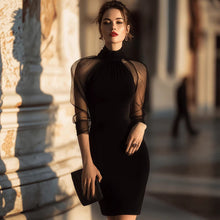 Load image into Gallery viewer, Black High Neck Long Sleeve Sheath Midi Dress – Mesh Overlay Formal Evening Dress