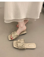 Load image into Gallery viewer, Minimalist Pleated Flat Slide Sandals – Square Toe Faux Leather