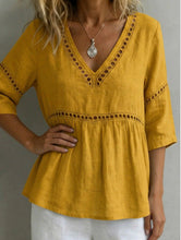 Load image into Gallery viewer, Women's V-Neck Hollow-Out Fringe Cotton-Linen Top