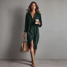 Load image into Gallery viewer, Women's Corduroy Long Sleeve Shirt Dress – Turn-Down Collar Button Front Midi with Pockets