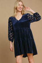 Load image into Gallery viewer, Dotted Lace Sleeve Tiered Velvet Mini Dress For Women – Vintage Velvet Dress, Lace Sleeve Mini Dress, Tiered Velvet Dress, Elegant Party Dress