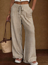 Load image into Gallery viewer, Women's Striped Wide-Leg Trousers – Lace-Up Elastic Waist Loose Fit