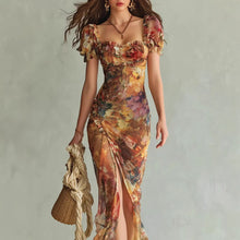 Load image into Gallery viewer, V-Neck Waist-Cinched Ruffle Hem Maxi Dress – Bodycon Long Dress in Orange