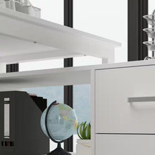 Load image into Gallery viewer, 55.1" W : L-Shaped White Finish 1-Drawer Wooden Commercial Writing Desk with Open Shelves and Eco-Friendly Paint Finish