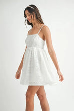 Load image into Gallery viewer, Eyelet Lace Babydoll Mini Cami Dress – Feminine Eyelet Lace Dress, Fluttering, Bohemian Babydoll Silhouette, Breezy Summer Dress, Casual Day Out Dress