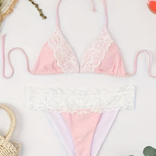 Load image into Gallery viewer, Riviera Glow Color Block Halter Bikini Set for Women – Deep V-Neck Lace Trim Two-Piece Flattering Swimsuit with Adjustable Tie Back & High-Cut Bottoms – Ultra-Stretch Polyamide Swimwear for Confident Summer Style