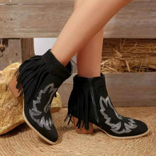 Load image into Gallery viewer, Western Fringe Point Toe : Block Ankle Heel Boots
