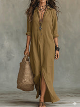 Load image into Gallery viewer, Women's Solid Color Notch Lapel Front Slit Maxi Dress | Casual Long Shirt Dress