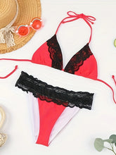Load image into Gallery viewer, Riviera Glow Color Block Halter Bikini Set for Women – Deep V-Neck Lace Trim Two-Piece Flattering Swimsuit with Adjustable Tie Back & High-Cut Bottoms – Ultra-Stretch Polyamide Swimwear for Confident Summer Style