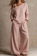 Load image into Gallery viewer, Women's One-Shoulder Buckle-Strap Long-Sleeve Linen Blend Top & Wide-Leg Palazzo Trouser Set