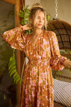 Load image into Gallery viewer, Flower Print Satin Lurex Stripe Smocked Midi Summer Dress – Elegant Midi Dress, Satin Lurex Dress, Floral Dress, Smocked Waist Dress, Romantic Midi Dress, Special Occasion Dress