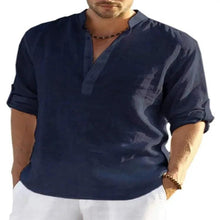Load image into Gallery viewer, Men's Casual Cotton Linen Solid Color Long Sleeve Shirt Loose Stand Collar