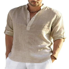 Load image into Gallery viewer, Men's Casual Cotton Linen Solid Color Long Sleeve Shirt Loose Stand Collar