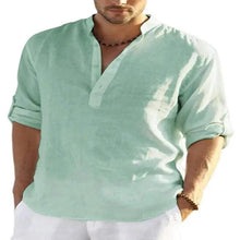 Load image into Gallery viewer, Men's Casual Cotton Linen Solid Color Long Sleeve Shirt Loose Stand Collar