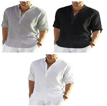 Load image into Gallery viewer, Men's Casual Cotton Linen Solid Color Long Sleeve Shirt Loose Stand Collar