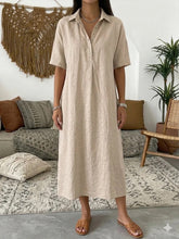 Load image into Gallery viewer, Women's Linen Blend Short Sleeve Polo Neck Maxi Dress