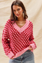 Load image into Gallery viewer, SO ME Color Block Textured Christmas Sweater V Neck Top