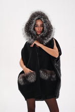 Load image into Gallery viewer, Saga®Furs Silver Fox Wool Alpaca Poncho Vest in Black