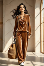 Load image into Gallery viewer, Women's Gold Velvet Cowl Neck Drop-Shoulder Top & Wide-Leg Pants Set – 8 Colors