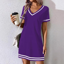 Load image into Gallery viewer, Women's Contrast-Color V-Neck A-Line Dress – Short Sleeve, Elegant, Mid-Rise