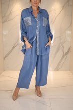 Load image into Gallery viewer, Women's Sequin Pocket & Placket Oversized Shirt & Wide-Leg Pants Set