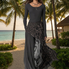 Load image into Gallery viewer, Women's Leopard Print Ribbed Knit Maxi Dress – Long Sleeve High Waist Full Skirt