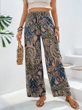Load image into Gallery viewer, Women's Paisley Print Wide-Leg Pants – Boho Smocked Elastic Waist Tie-Up Flowy Trousers