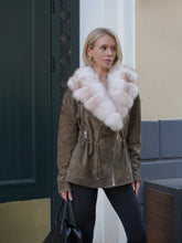 Load image into Gallery viewer, Vivienne Genuine Suede Polar Fox Trim Coat in Olive
