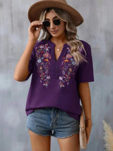 Load image into Gallery viewer, Women's Floral Embroidered Notched V-Neck T-Shirt – Short Sleeve Boho Lace Trim Top