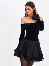 Load image into Gallery viewer, Magnolia Black Off-Shoulder Layered Satin Mini Dress
