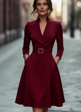Load image into Gallery viewer, V-Neck Long Sleeve Swing Dress – Women's Autumn Winter Midi Dress