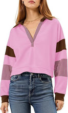 Load image into Gallery viewer, Color‑Block Cropped Polo V‑Neck Sweatshirt